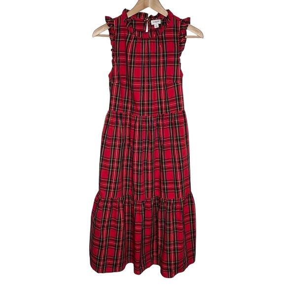 J. Crew Factory Tiered Midi Dress 2 Red Plaid Ruffle Neck Pockets Cotton Holiday - Picture 3 of 12